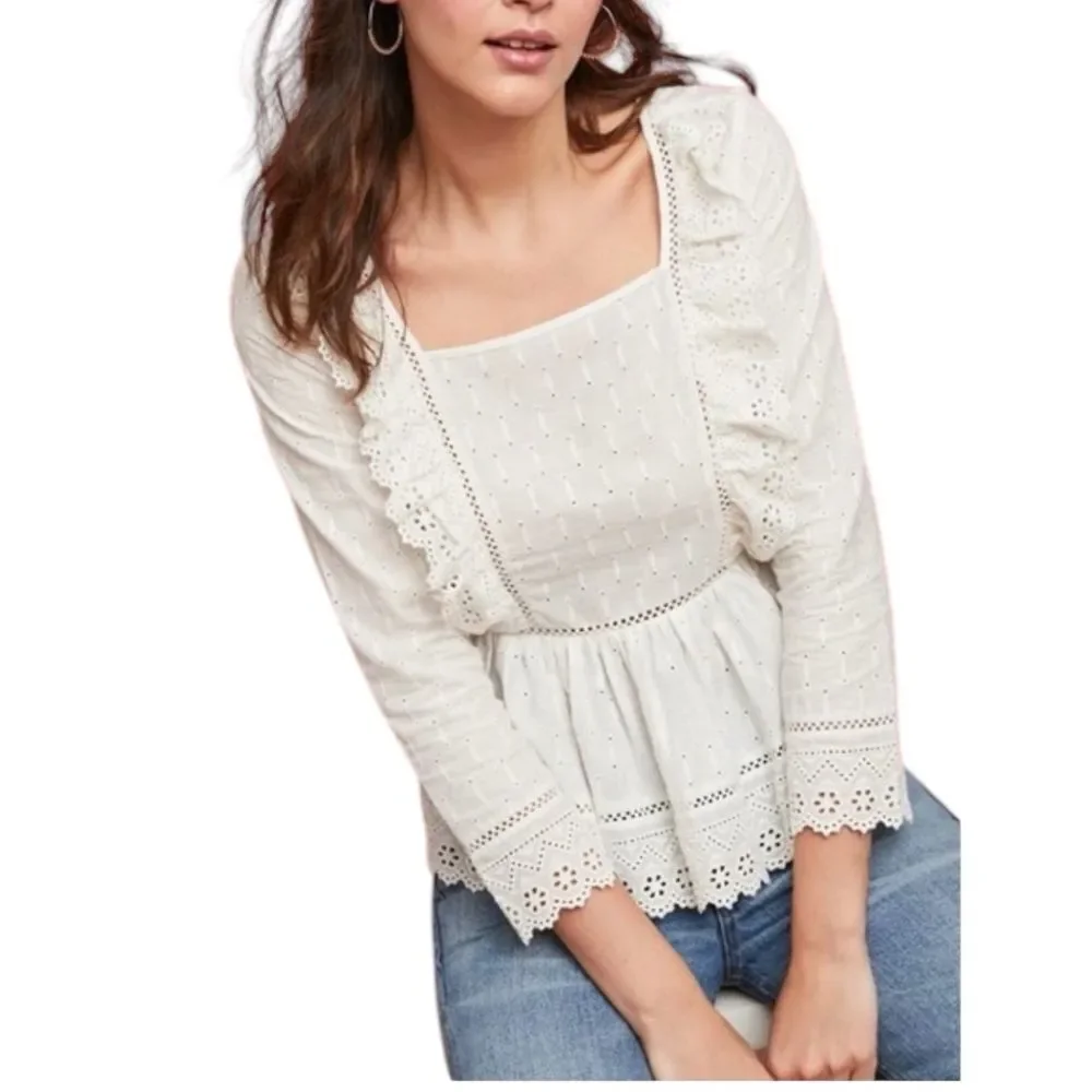 Anthropologie Meadow Rue White Edelyn Ruffled Eyelet Summer Blouse Top Sz 10